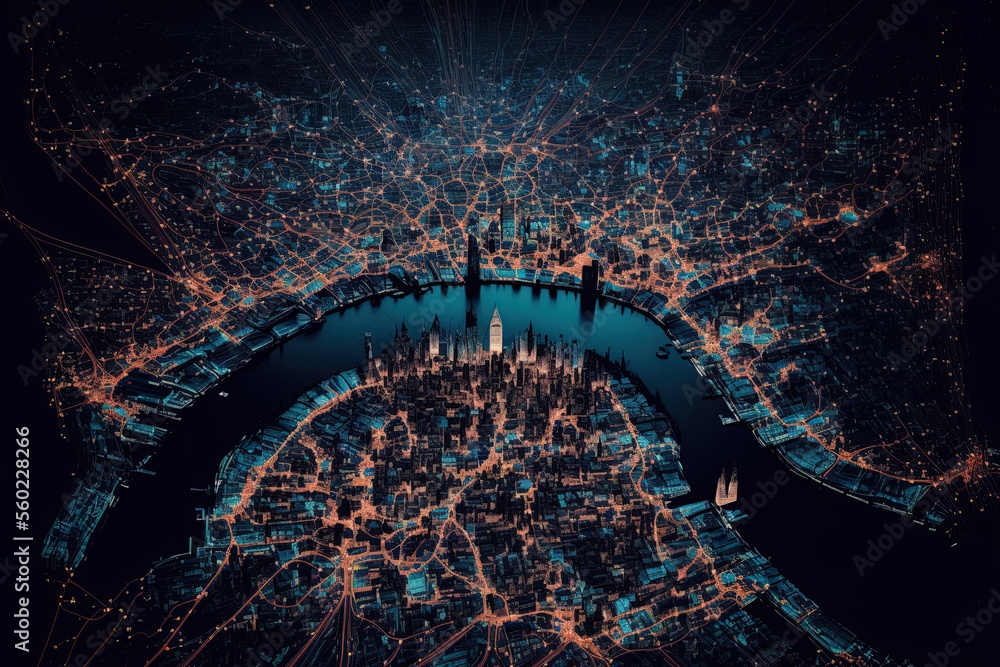 London's financial district, cityscape, and surroundings network connections for large data. Generative AI - obrazy, fototapety, plakaty 