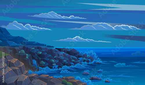 Landscape with salty water on seashore. Waves hit rocks and spray scatters. Water surface of sea with stones. Ocean landscape, seascape in darkness. Vacation at sea and pastime in fresh air concept