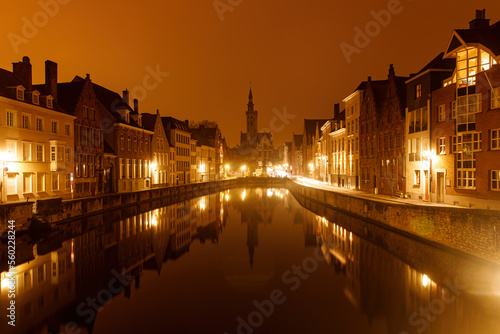 Medieval buildings in Bruges, Belgium old town Brugge illuminated at night