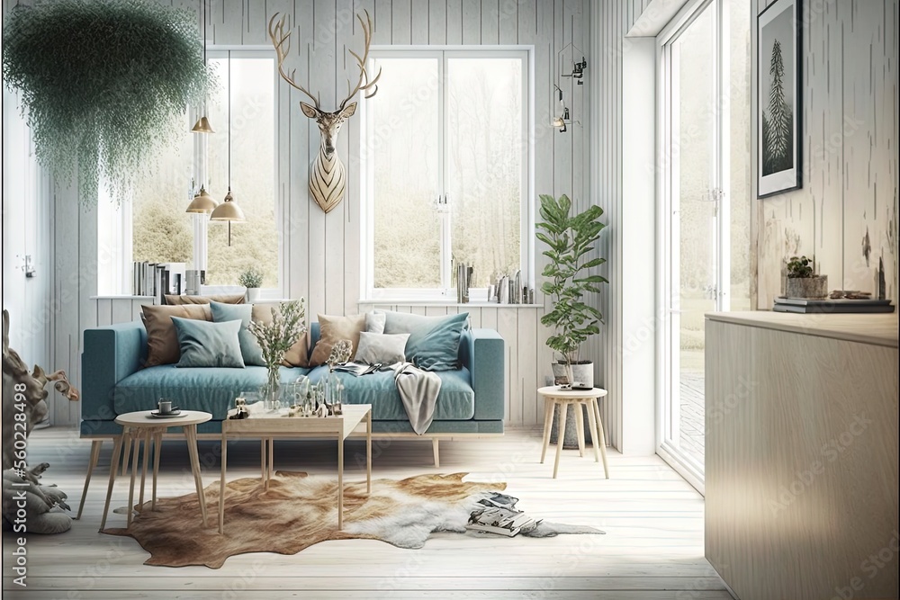 a living room with a blue couch and a deer head on the wall and a rug