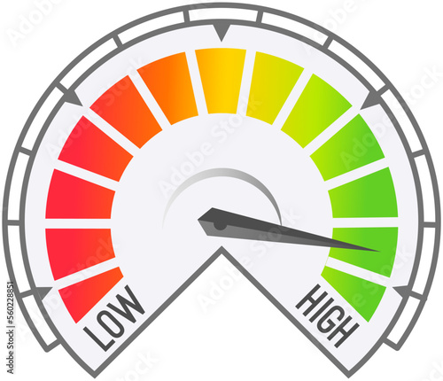 Color scale with arrow from no to max and change in indicators. Measuring device icon tachometer, speedometer, quality detector. Colorful infographic gauge element from poor to good, speed changes