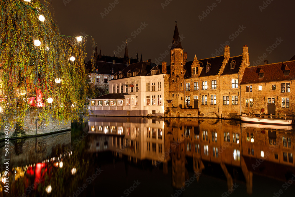 Medieval buildings in Bruges, Belgium old town Brugge illuminated at night