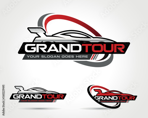 Vector Grand Tour Car Logo design in metallic effect with layout variations