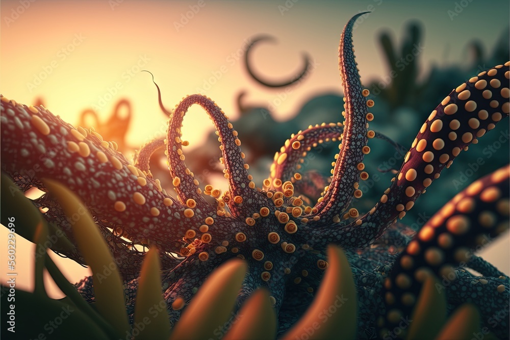 an octopus is standing in the ocean with its tentacles spread out and ...