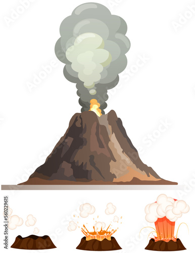 Volcanic eruption stages set. Steaming volcano, hot burning magma approach, splash and spreading of lava. Vulcanology, geology, study of seismic activity concept. Erupting rock pinnacle volcano