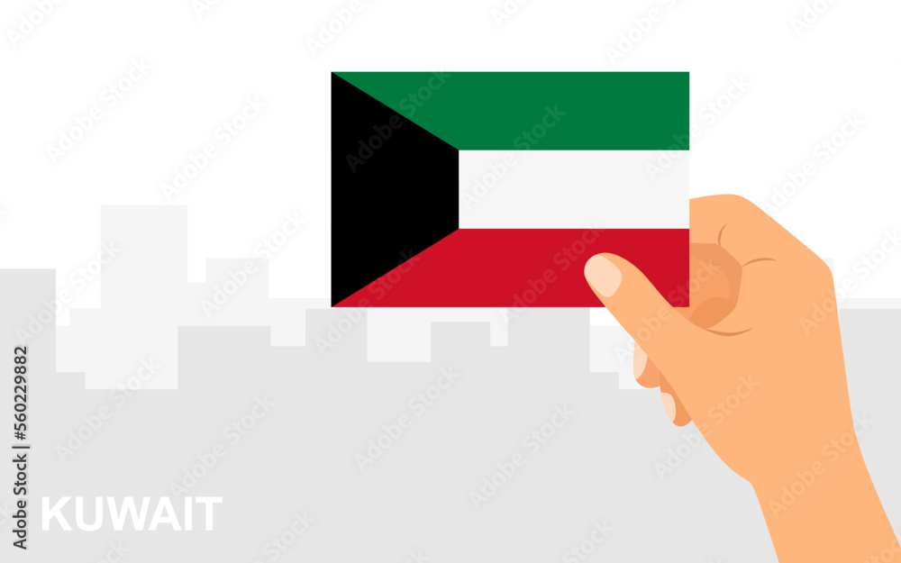 Hand holding the flag of Kuwait on the background of the city in minimal flat style. Vector illustration Hand holding the flag of Kuwait on the background of the city in minimal flat style. Vector illustration