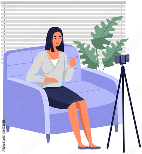 Podcaster woman character in office room interior. Girl listening audio podcast and speaking at live streaming use smartphone and laptop on her vlog. Podcaster making, blogger, technology concept
