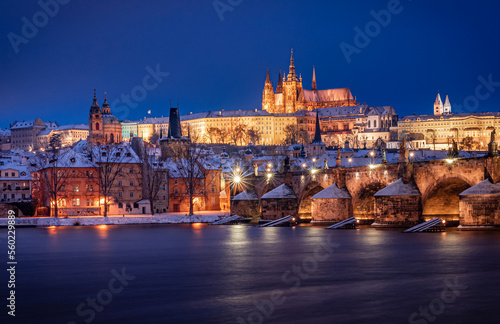 Wallpaper Mural night, city, river, architecture, bridge, winter, water, europe, czech, building, travel, church, sunset, sunrise, cityscape, cathedral, prague, landmark, tower, skyline, snow, castle, charles bridge Torontodigital.ca