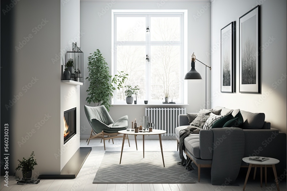 Fototapeta premium a living room with a couch, chair, table and a fireplace in it and a window with a view of the woods outside the room and a table with a chair and a lamp.