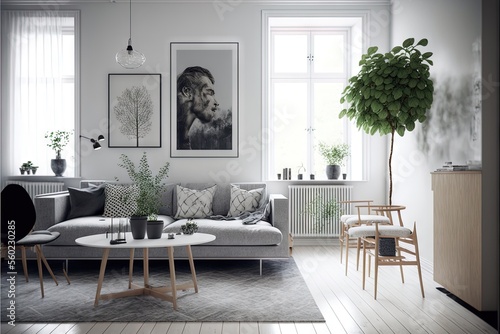  a living room with a couch  table  and two plants in it and a picture on the wall above the couch and a coffee table with a plant in front of the room with a.