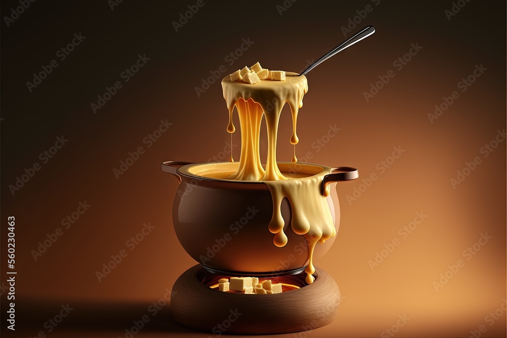Obraz premium a spoon is pouring melted liquid into a pot of food on a stand with a spoon in it and a brown background behind it, with a brown background, with a light, a.