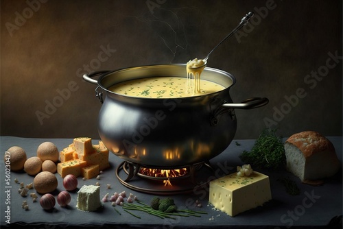  a pot of soup with cheese and bread on a table next to it and a knife sticking out of it, with a piece of bread on the side of the table, and a piece of cheese.