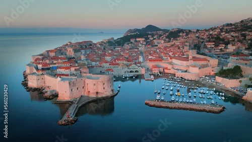 Dubrovnik skyline aerial view rone footage of dubrovnik old town croatia sea view at saunrise. photo