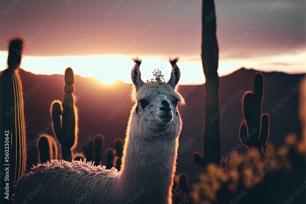 Fototapeta premium a llama standing in a field of cactus at sunset with a head of a plant in the foreground and a mountain in the background with a sky with a few clouds and a., ai, Generative