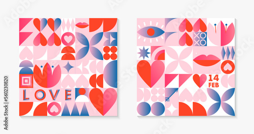 Valentines Day pattern templates.Romantic vector wallpapers in bauhaus style with geometric elements and symbols.Modern trendy designs for prints,banners,fabric,invitations,branding,covers.