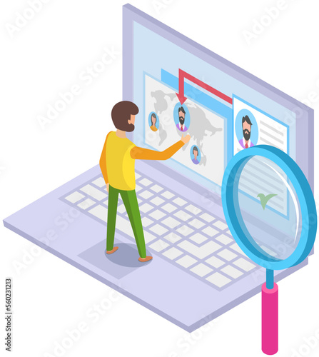 Man looking at user profiles in social network. Program for chatting, mailing or recruitment work. Guy searching for candidates. Male character with computer analyses list of virtual accounts