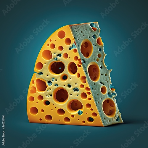  a piece of cheese with holes in it on a blue background with a shadow of the cheese on the bottom of the cheese is a bit of the cheese that is cut off of the. photo