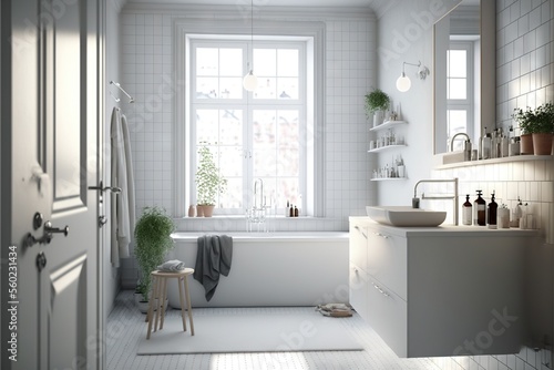  a bathroom with a tub  sink  and window in it s corner  with a stool and a stool in front of the tub and a window with potted plants on the wall.