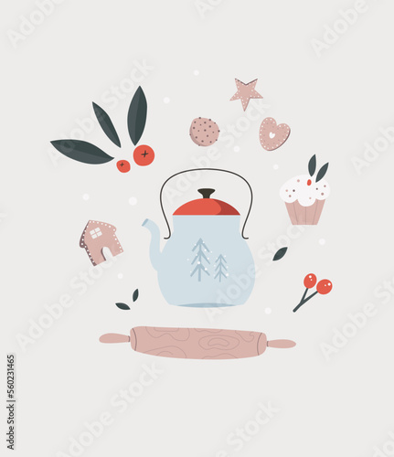 Vector composition with teapot, cookies, cupcake, rolling pin, plant branches