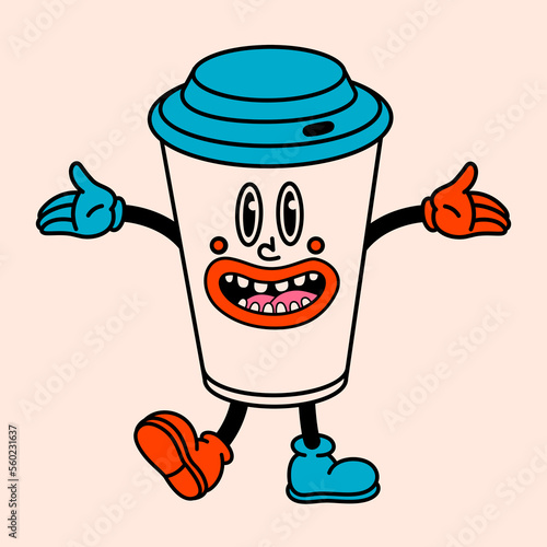 Retro cartoon characters with funny faces. Vintage 50s, 60s comic paper cup with face, arms and legs. Vector Cartoon characters with funny emotions.