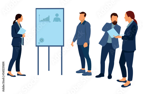 Diverse company employees having online business conference video call on tv screen monitor in board meeting room. Videoconference presentation, global virtual group corporate training concept.