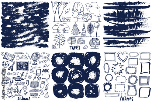 Hand drawn doodle abstract pattern in dark and white style, texture background. Series of figures of different shape, on topic strokes, trees, frames, back to school, decoration elements, icons