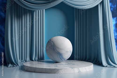 Blue marble platform surrounded by silky curtains. Generative AI.
