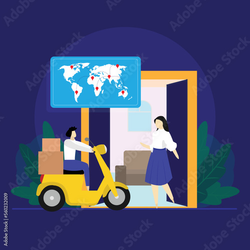 Courier on the scooter delivers the package, fast delivery service
