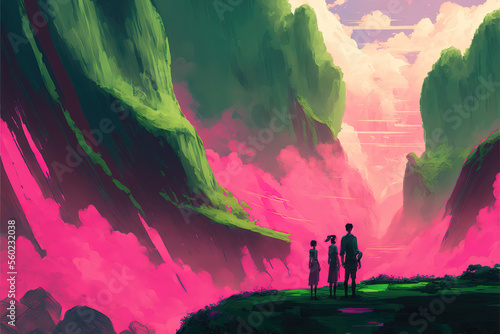 a big fantasy world in green and pink fog, people discovering a new planet, generative ai technology  © Sternfahrer