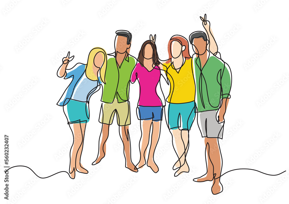 Continuous Line Drawing Happy Group Of Friends On Beach Png Image