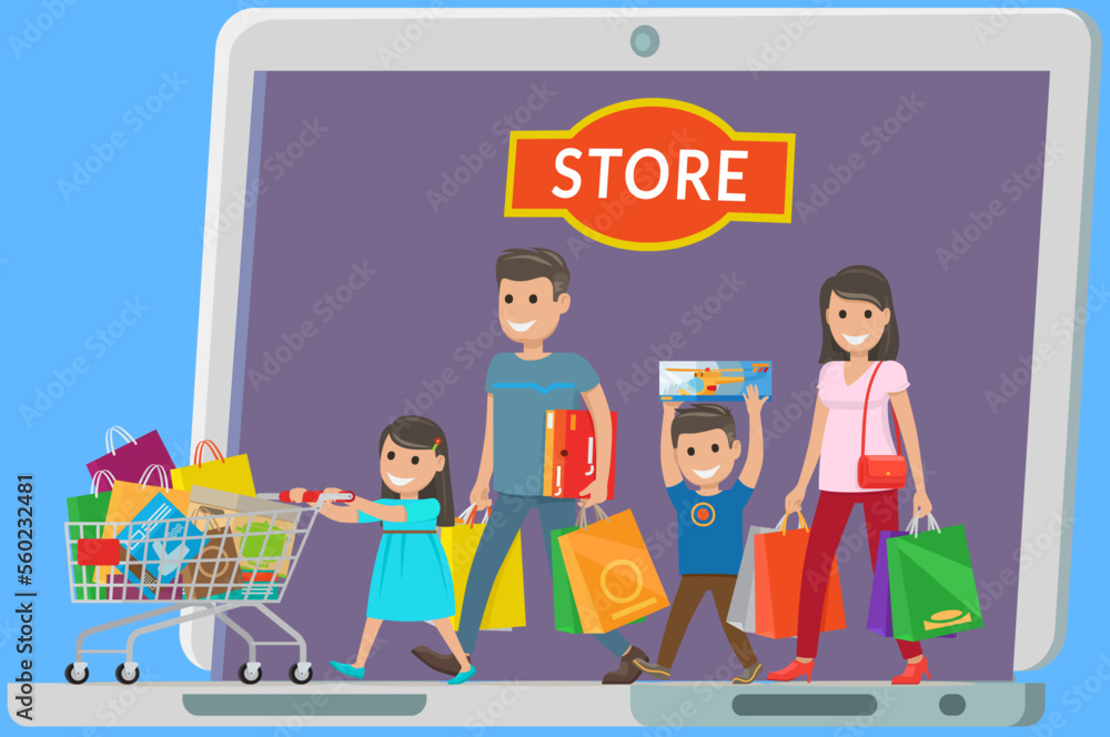 Happy family with shopping. Shoppers father mother, son and daughter are holding bags and gifts. Big Sale. Go to store or supermarket with children lots of fun and purchases. online shopping Happy family with shopping. Shoppers father mother, son and daughter are holding bags and gifts. Big Sale. Go to store or supermarket with children lots of fun and purchases. online shopping
