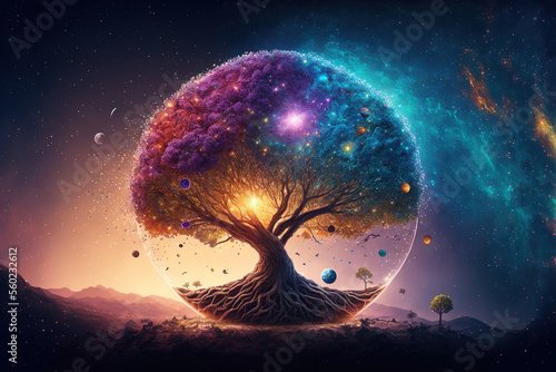 Colorful Tree of Life in front of a Galaxy Generative AI