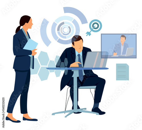 Diverse company employees having online business conference video call on tv screen monitor in board meeting room. Videoconference presentation, global virtual group corporate training concept.
