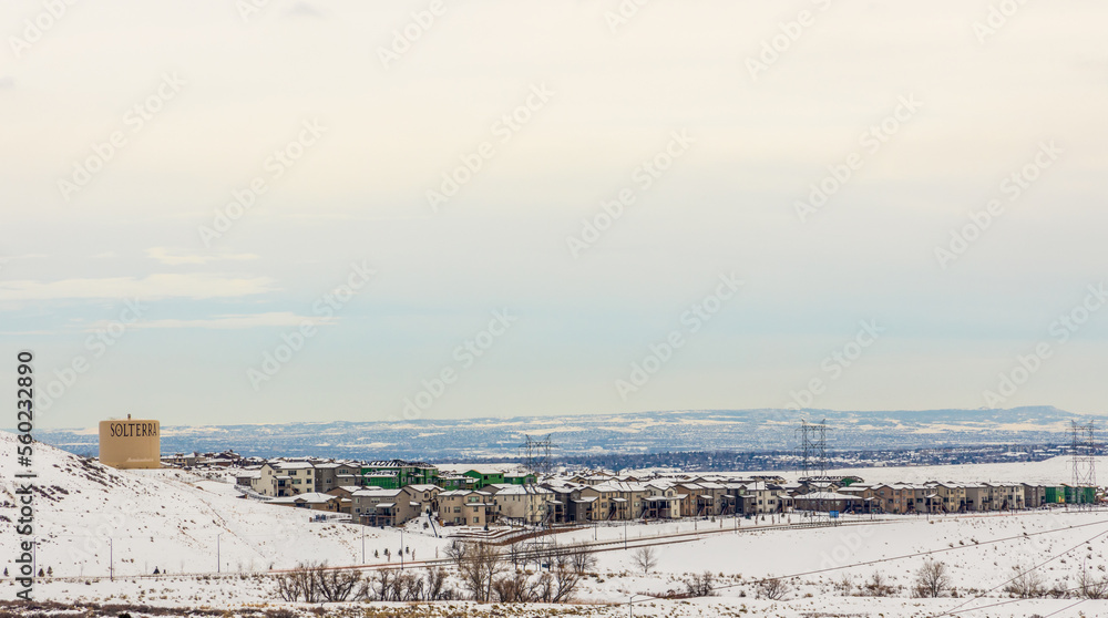 Fototapeta premium Colorado Living. Lakewood, Colorado - Denver Metro Area Residential Winter Panorama. Solterra Neighborhood in Lakewood
