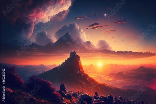  a painting of a mountain with a sunset in the background and clouds in the sky above it, and a few people sitting on a rock on a hill, and a few people standing on a hill.