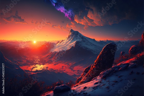  a mountain with a sunset in the background and a bright orange sky above it, with a bright orange sun in the distance, and a purple and red sky with a few clouds, and a.