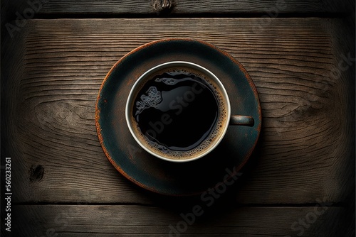  a cup of coffee on a saucer on a wooden table top with a spoon and spoon rest on the saucer and the cup is black and brown and black with a brown color.