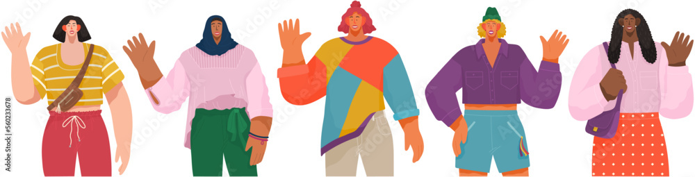 Young happy people waving hands. Smiling parent or friends gesturing with smile. Male and female characters different nations representatives stand together isolated people with greeting gesture Young happy people waving hands. Smiling parent or friends gesturing with smile. Male and female characters different nations representatives stand together isolated people with greeting gesture