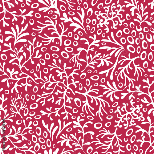 Coral reefs seamless pattern. Underwater plant white on viva magenta color background. Vector illustration.