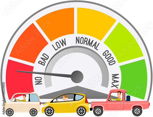 Color speedometer and cars with drivers. Tachometer with arrow and sectors isolated on white. Speedo with scales and pointers for measurement of speed and kilometers measuring instrument in automobile