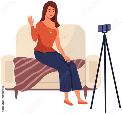 Podcaster woman character in office room interior. Girl listening audio podcast and speaking at live streaming use smartphone and laptop on her vlog. Podcaster making, blogger, technology concept