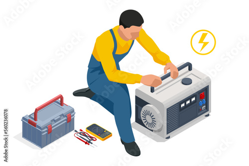 Isometric service engineer repairing or adjusting diesel power generator. Portable electric power-generator, industrial diesel generator. Standby-generator.