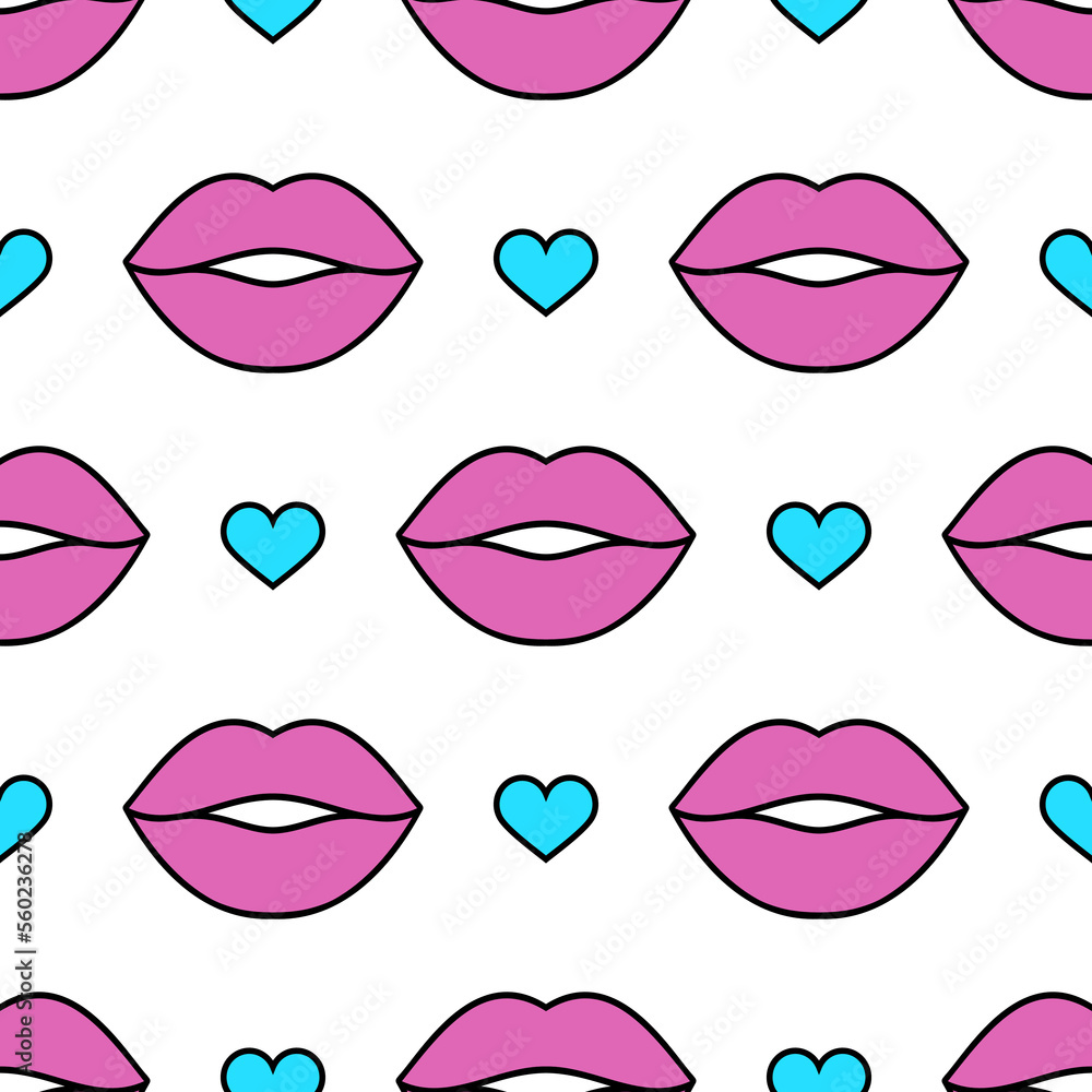 Lips and hearts. Seamless vector pattern with pink and blue elements on the white background. Fashion background for modern original designs, prints, textiles, fabrics, wallpapers, and wrappings. Lips and hearts. Seamless vector pattern with pink and blue elements on the white background. Fashion background for modern original designs, prints, textiles, fabrics, wallpapers, and wrappings.