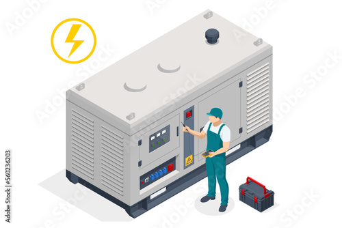 Isometric service engineer repairing or adjusting diesel power generator. Portable electric power-generator, industrial diesel generator. Standby-generator.