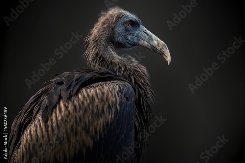  a large bird with a very long neck and a very large beak, standing in the dark with its wings spread out, with a black background of a black background with a spot of., ai, Generative