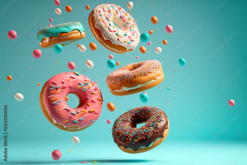 a group of donuts flying through the air with sprinkles on them and a ...