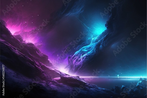  a digital painting of a mountain and a body of water with a sky background and stars in the sky above it, and a bright blue and purple hued background, with a blue.