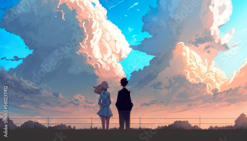 anime couple watching the clouds