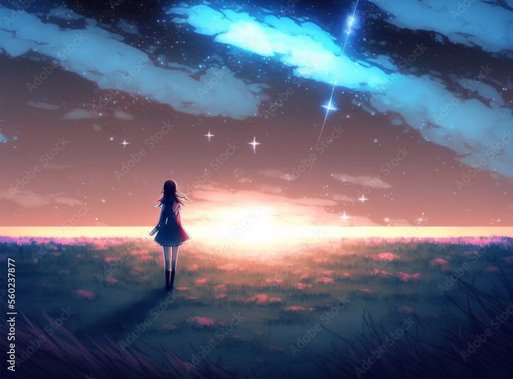 anime girl watching the stars at night