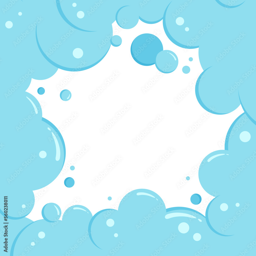 Cartoon soap bubbles border. Suds frame and foam background, blue clouds banner. Laundry effect. Abstract vector illustration